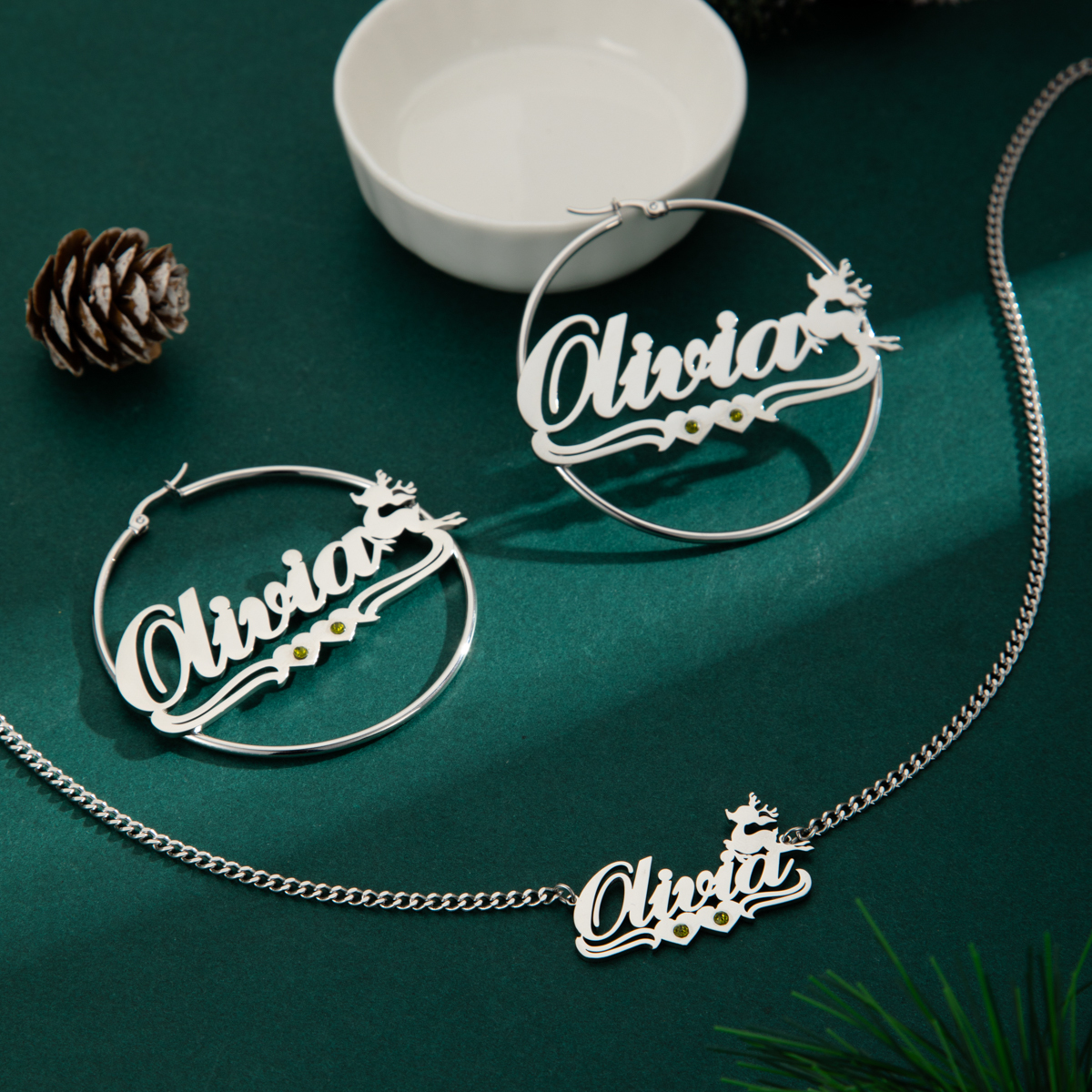 Custom Combination Name Birthstone Necklace and Bracelet with Christmas Reindeer