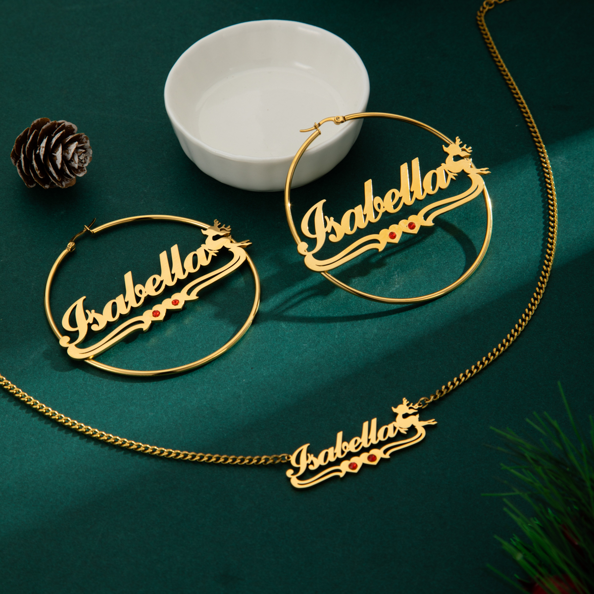 Custom Combination Name Birthstone Necklace and Bracelet with Christmas Reindeer