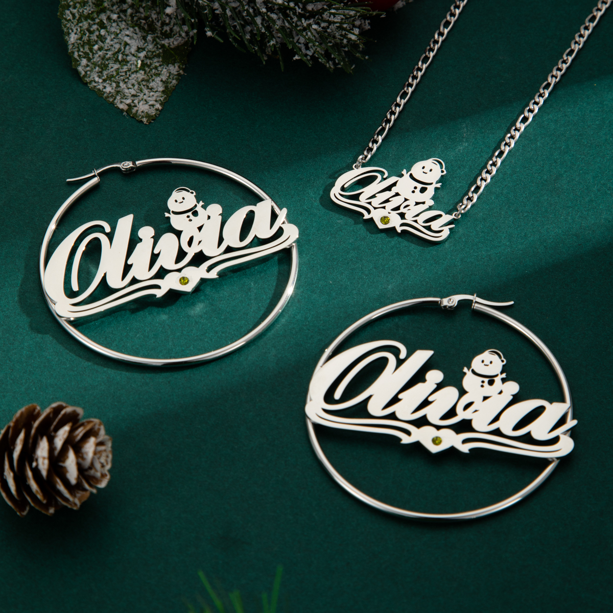 Custom Jewelry Set Name Birthstone Necklace and Earrings with Christmas Snowman