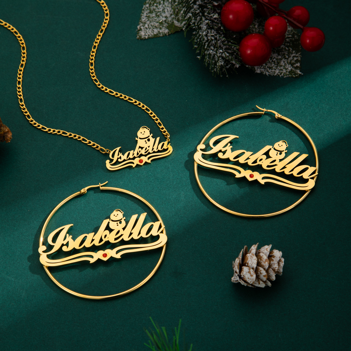 Custom Jewelry Set Name Birthstone Necklace and Earrings with Christmas Snowman