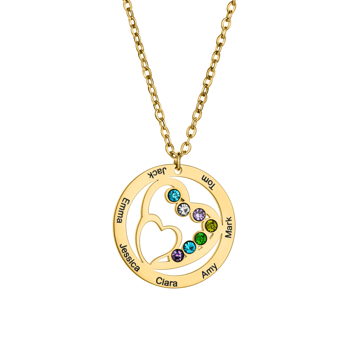 Custom Family Name Birthstone Necklace with Circular Design