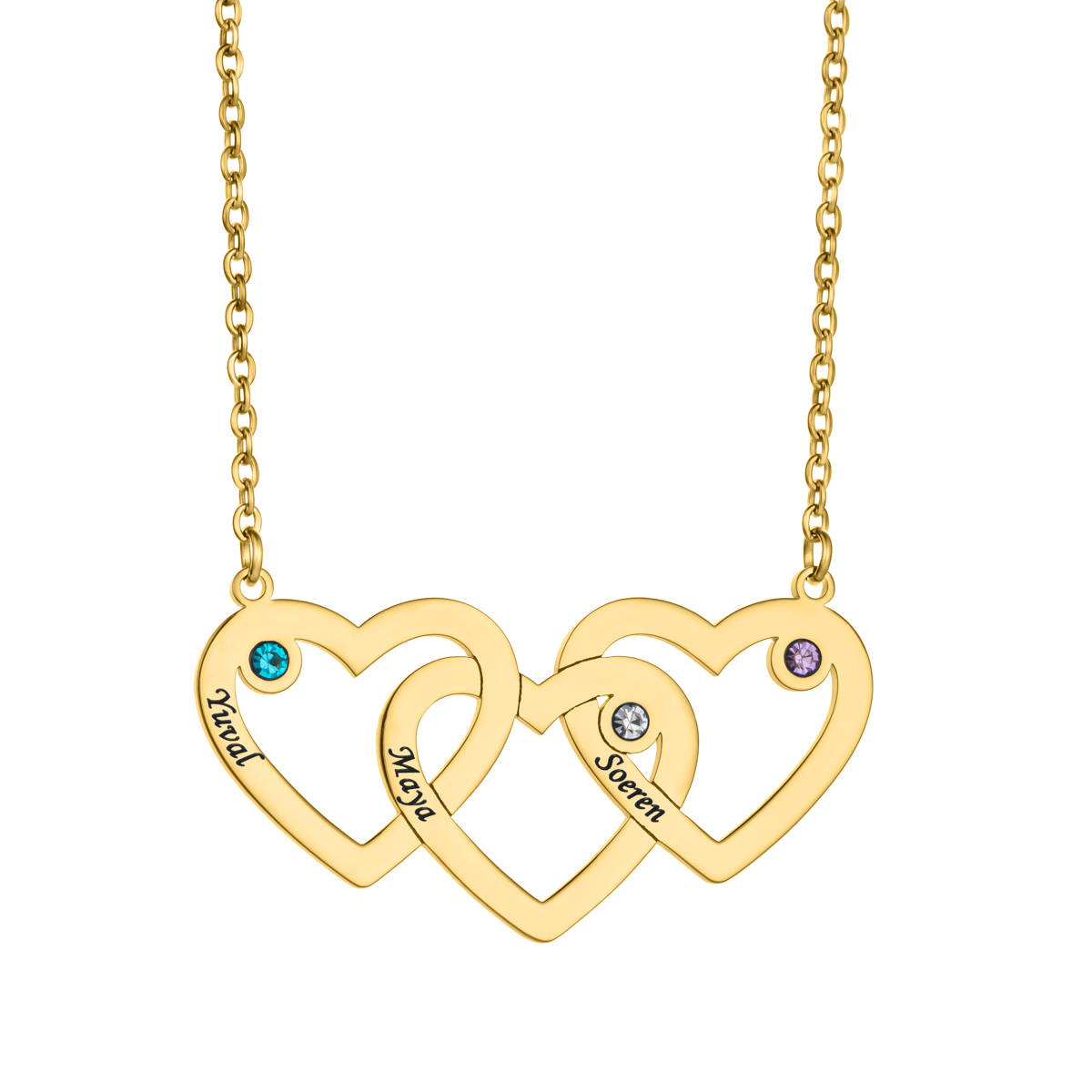 Custom Name Birthstone Necklace with Three Interconnected Hearts