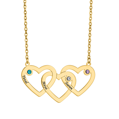 Custom Name Birthstone Necklace with Three Interconnected Hearts