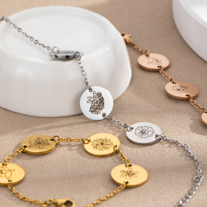 Round Slice Engraved Birth Flower Bracelet