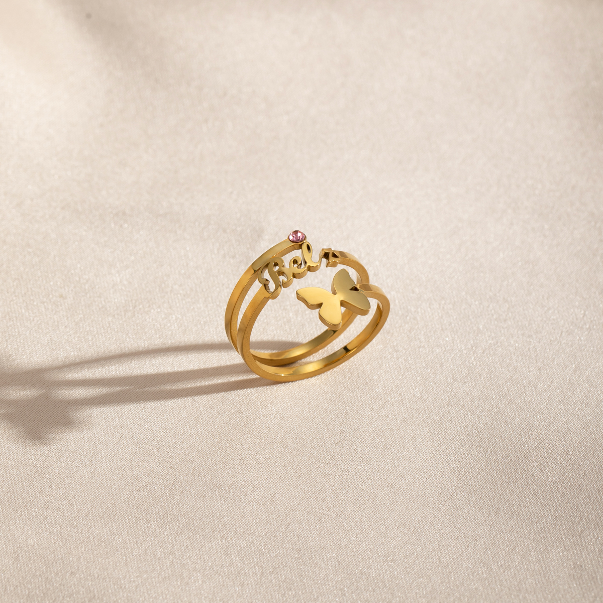 Custom Single Name Birthstone Ring With Butterfly