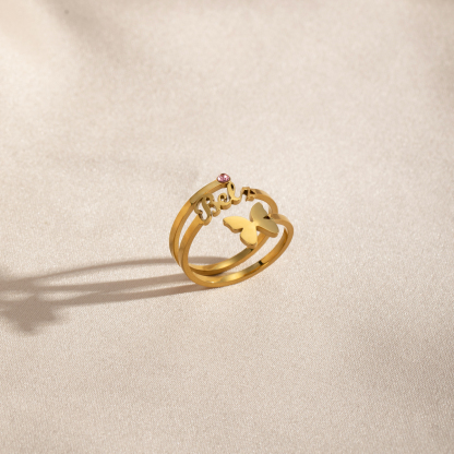 Custom Single Name Birthstone Ring With Butterfly