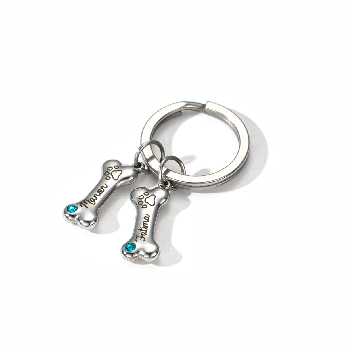 Custom birthstone Keychains in Shape of Dog Bones with Pet's Name