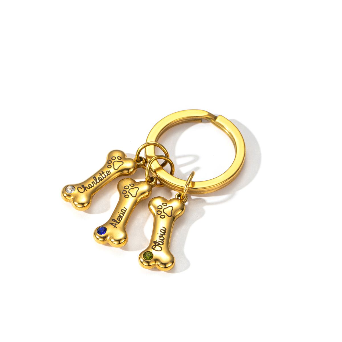 Custom birthstone Keychains in Shape of Dog Bones with Pet's Name