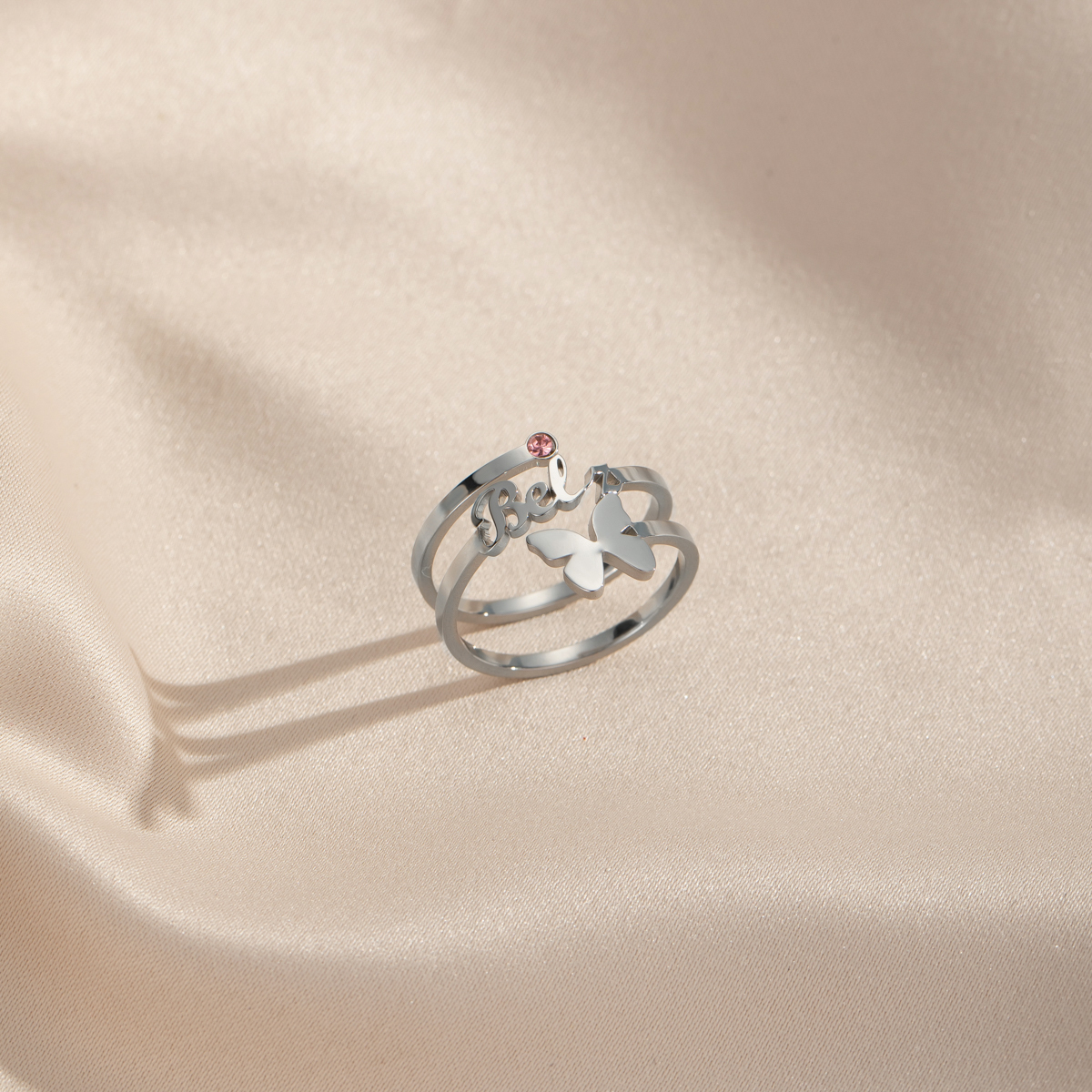 Custom Single Name Birthstone Ring With Butterfly