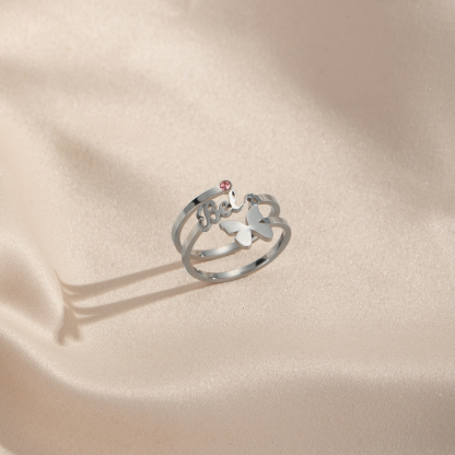 Custom Single Name Birthstone Ring With Butterfly