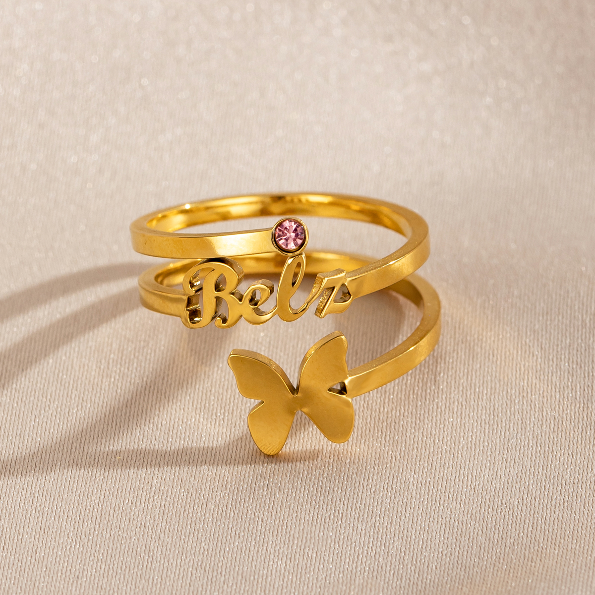 Custom Single Name Birthstone Ring With Butterfly