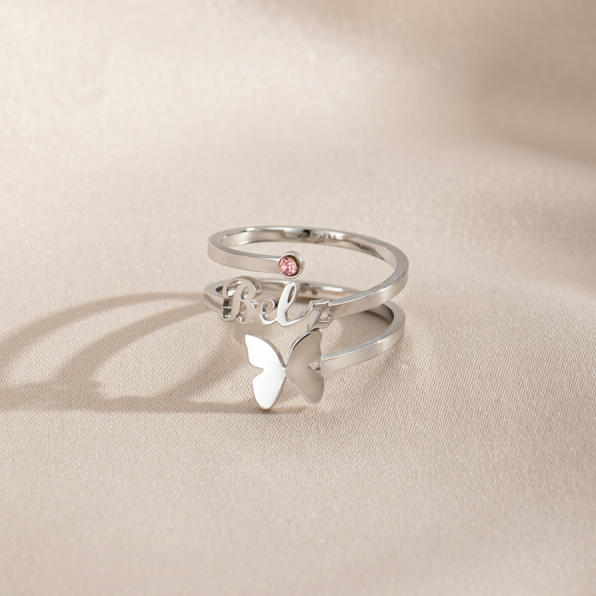 Custom Single Name Birthstone Ring With Butterfly