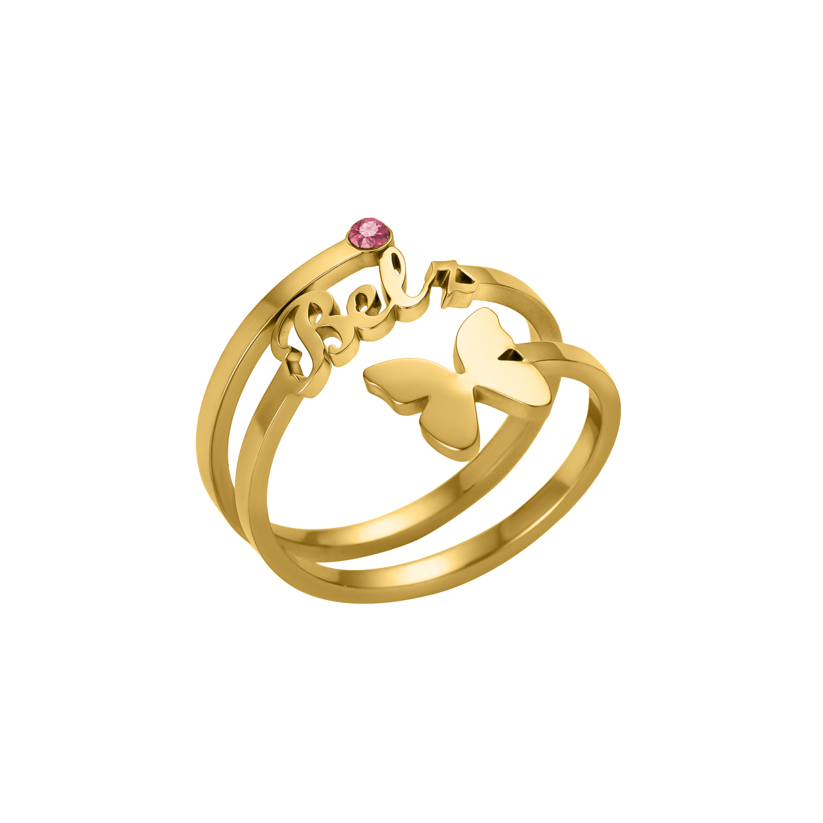Custom Single Name Birthstone Ring With Butterfly