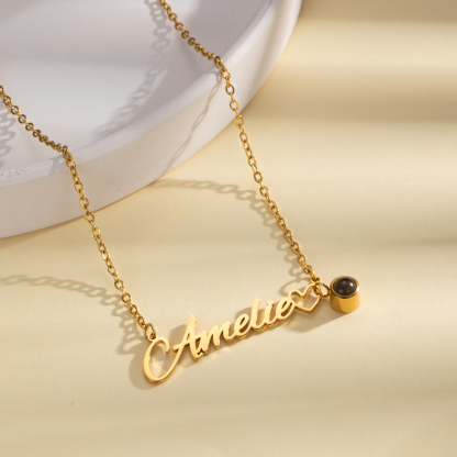 Custom Necklace with Name & Photo on Heart-shaped Projection Stone