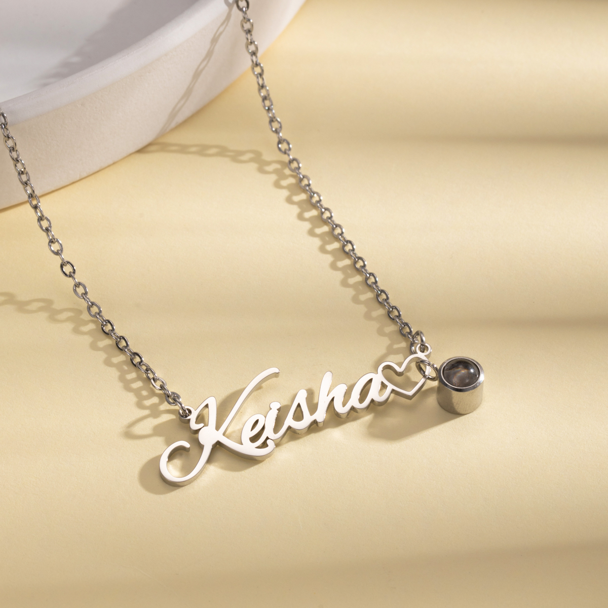 Custom Necklace with Name & Photo on Heart-shaped Projection Stone