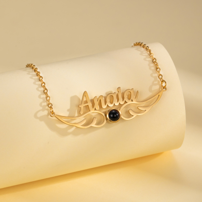 Custom Name&Photo Projection Stone Necklace with Angel Wings Design