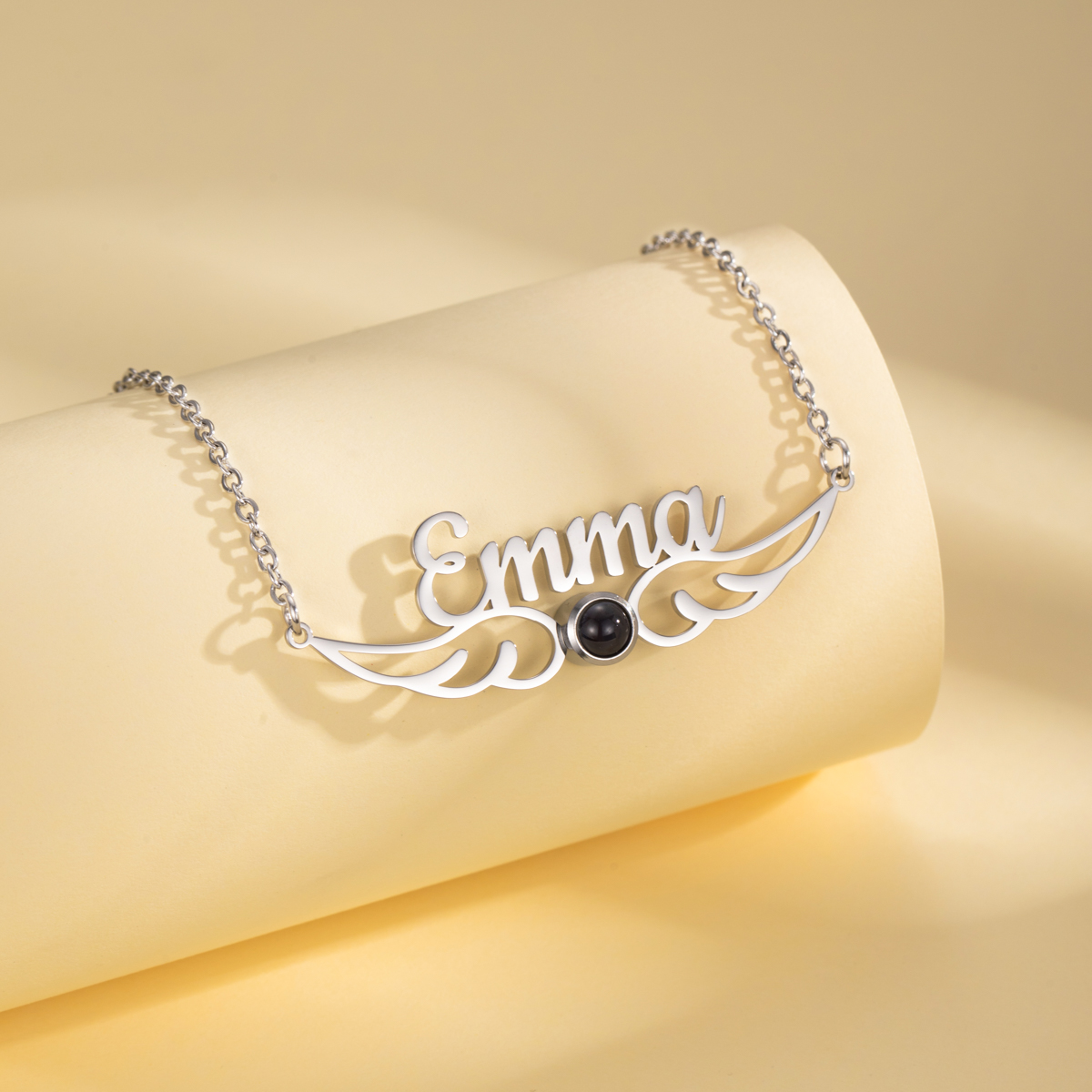 Custom Name&Photo Projection Stone Necklace with Angel Wings Design