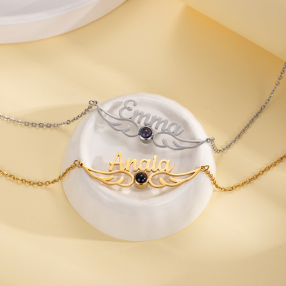 Custom Name&Photo Projection Stone Necklace with Angel Wings Design