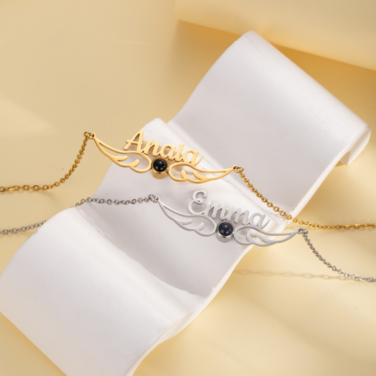 Custom Name&Photo Projection Stone Necklace with Angel Wings Design