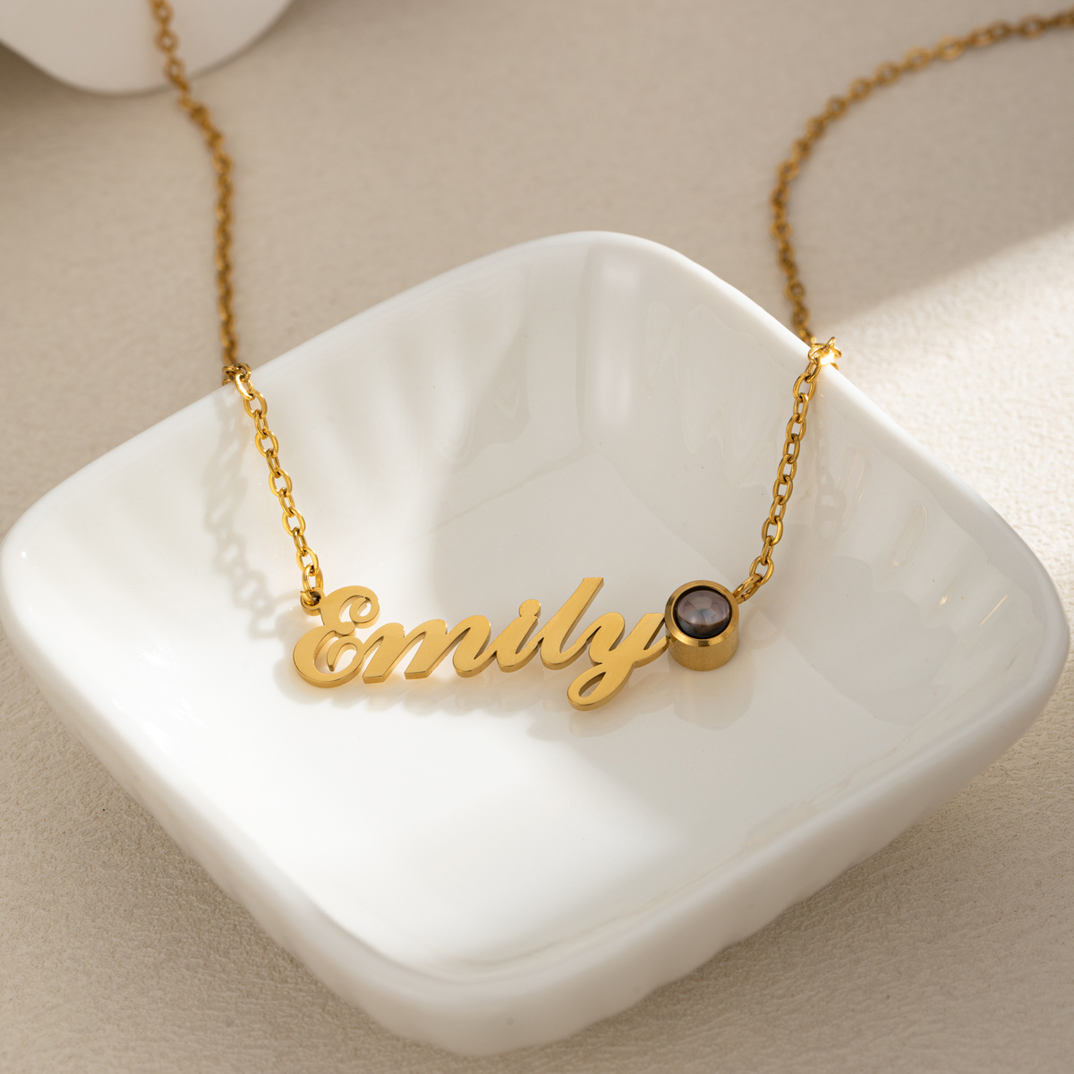 Customized Side Projection Stone Necklace with Name & Photo