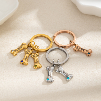 Custom birthstone Keychains in Shape of Dog Bones with Pet's Name