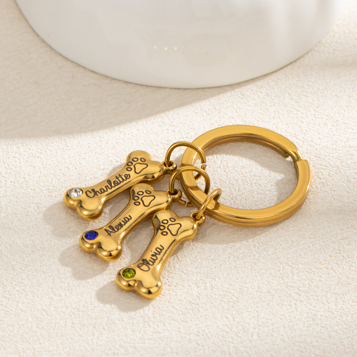 Custom birthstone Keychains in Shape of Dog Bones with Pet's Name