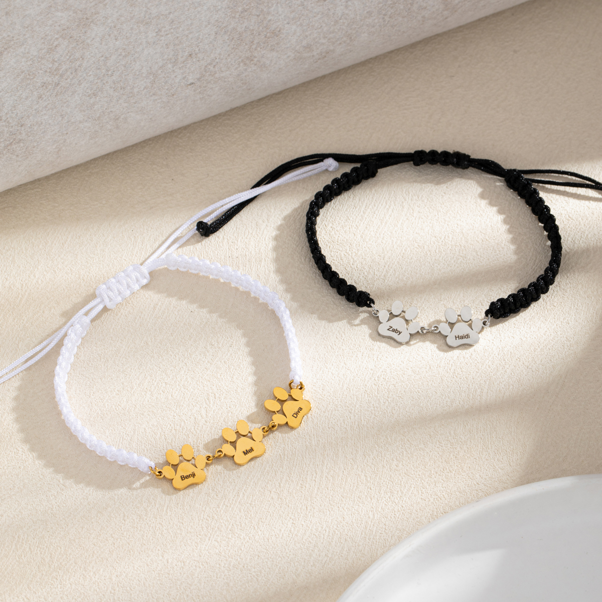 Handmade Braided Rope Dog Paw Name-Engraved Bracelet