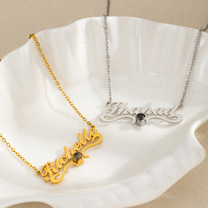 [Copy]Custom Necklace with Name & Photo on Heart-shaped Projection Stone