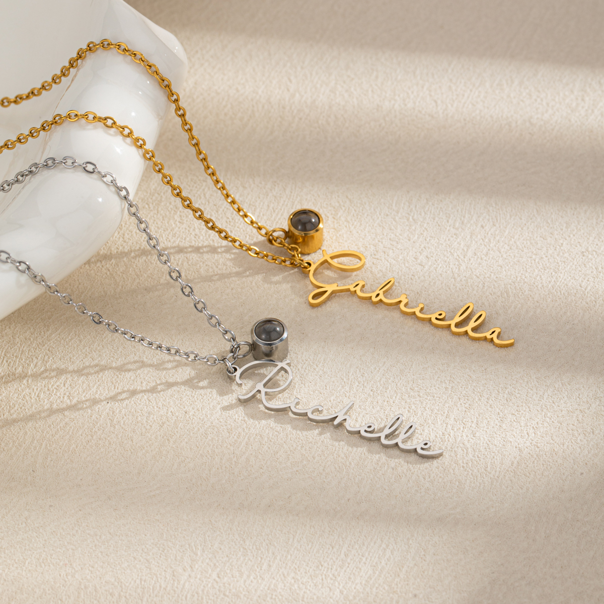 Vertical Custom Projection Stone Necklace with Name & Photo