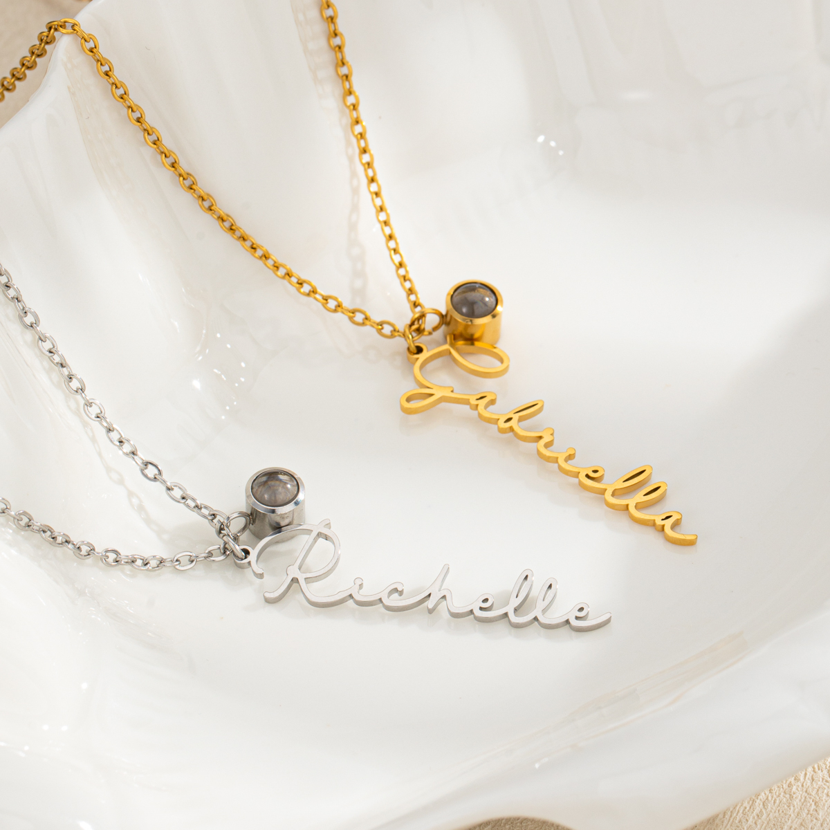 Vertical Custom Projection Stone Necklace with Name & Photo