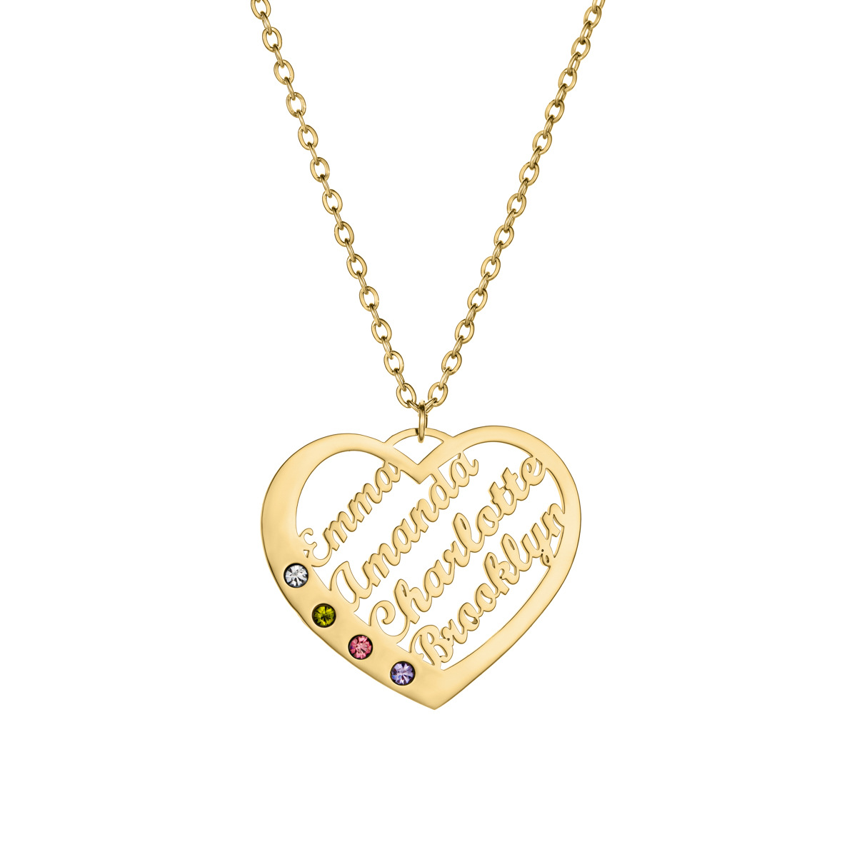Custom Multiple Name Birthstone Necklace in Heart Shape 