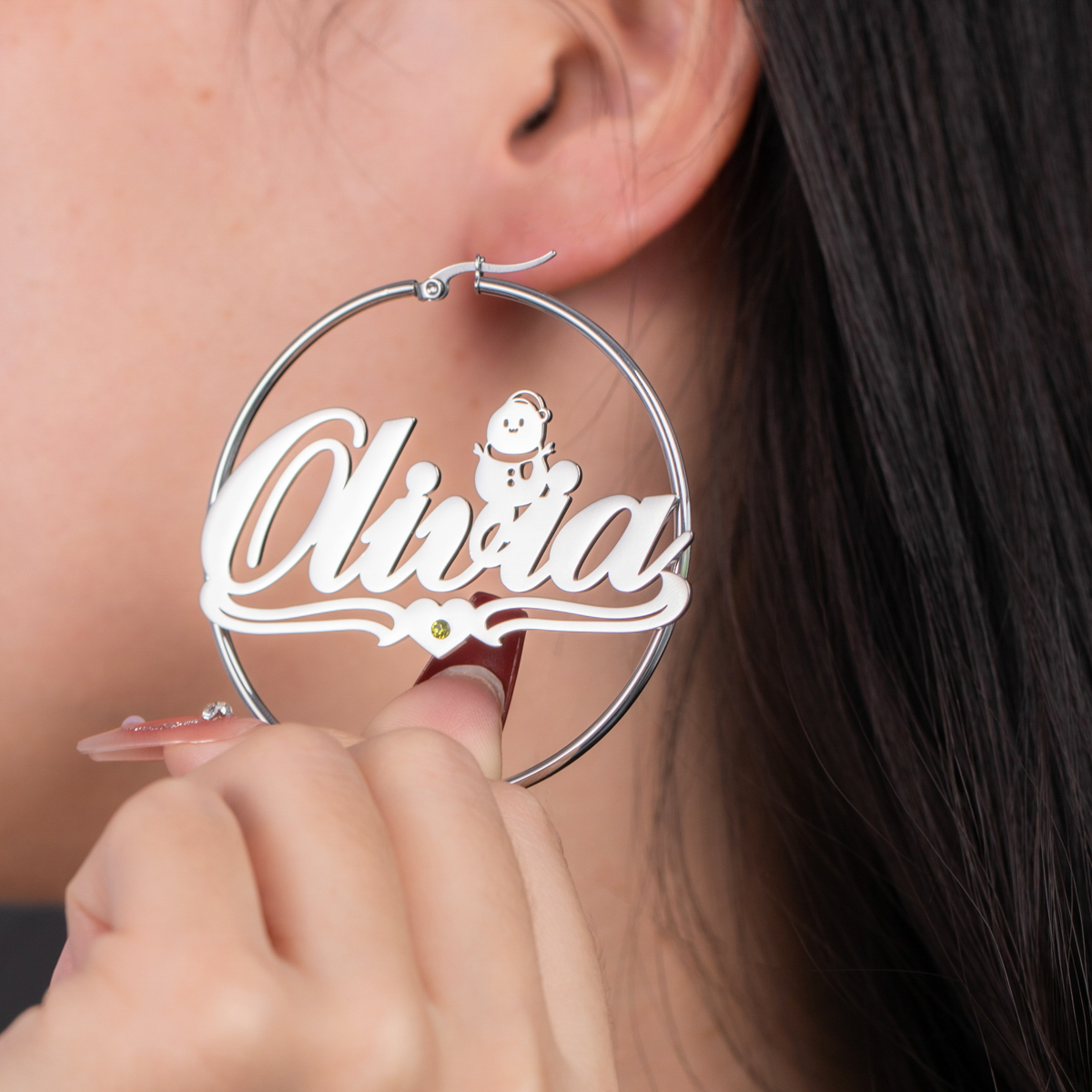 Custom Jewelry Set Name Birthstone Necklace and Earrings with Christmas Snowman