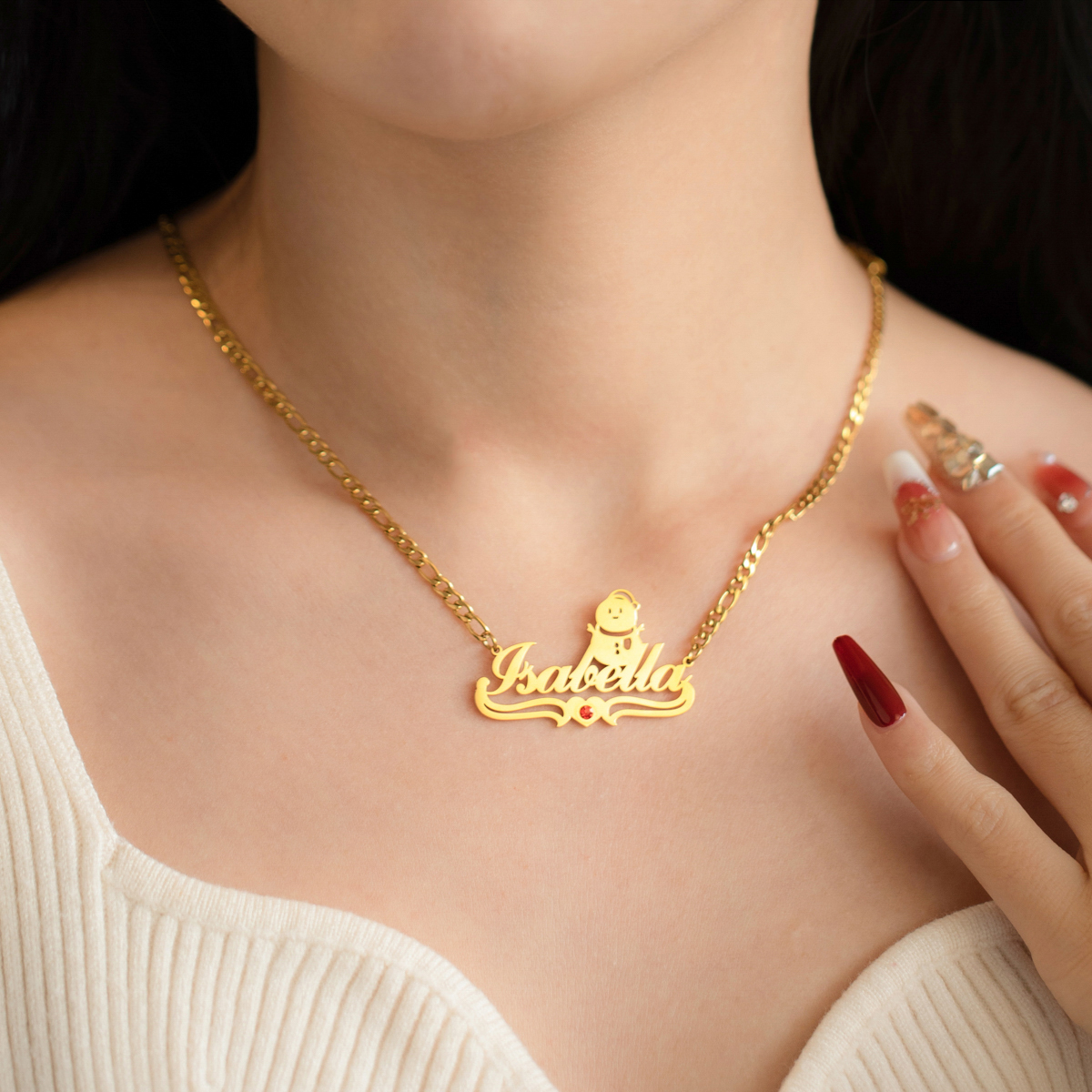 Custom Jewelry Set Name Birthstone Necklace and Earrings with Christmas Snowman