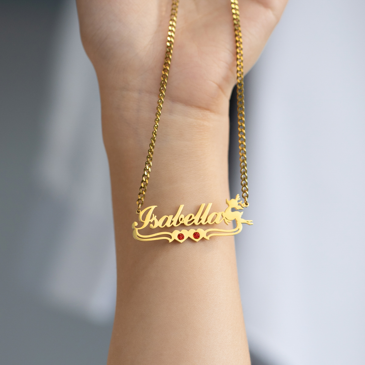 Custom Combination Name Birthstone Necklace and Bracelet with Christmas Reindeer