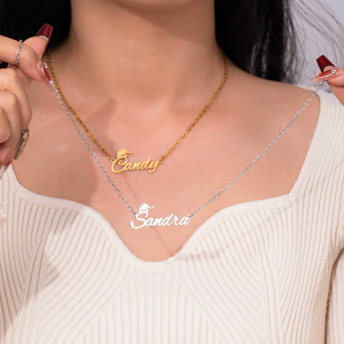 Custom Name Necklaces with Christmas Hat Elements