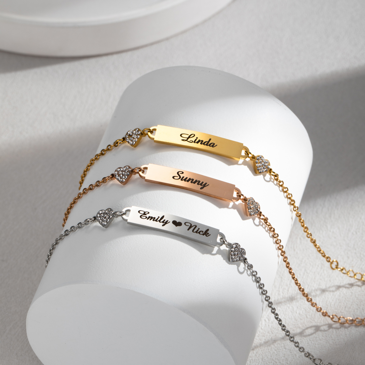 Custom Engraved Diamond Name Bracelet With Double Heart-Spefeel