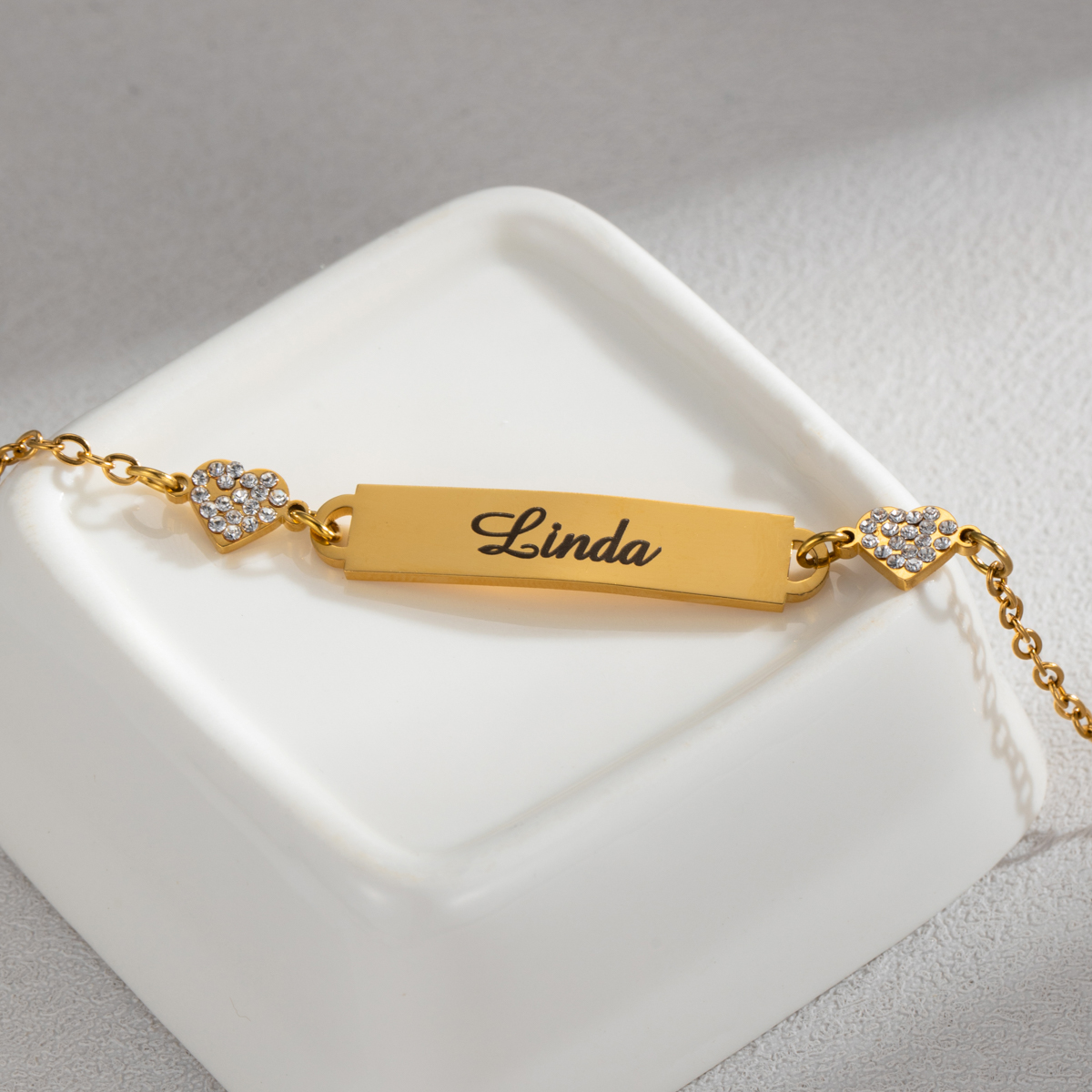Custom Engraved Diamond Name Bracelet With Double Heart-Spefeel
