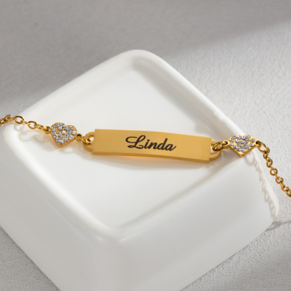 Custom Engraved Diamond Name Bracelet With Double Heart-Spefeel