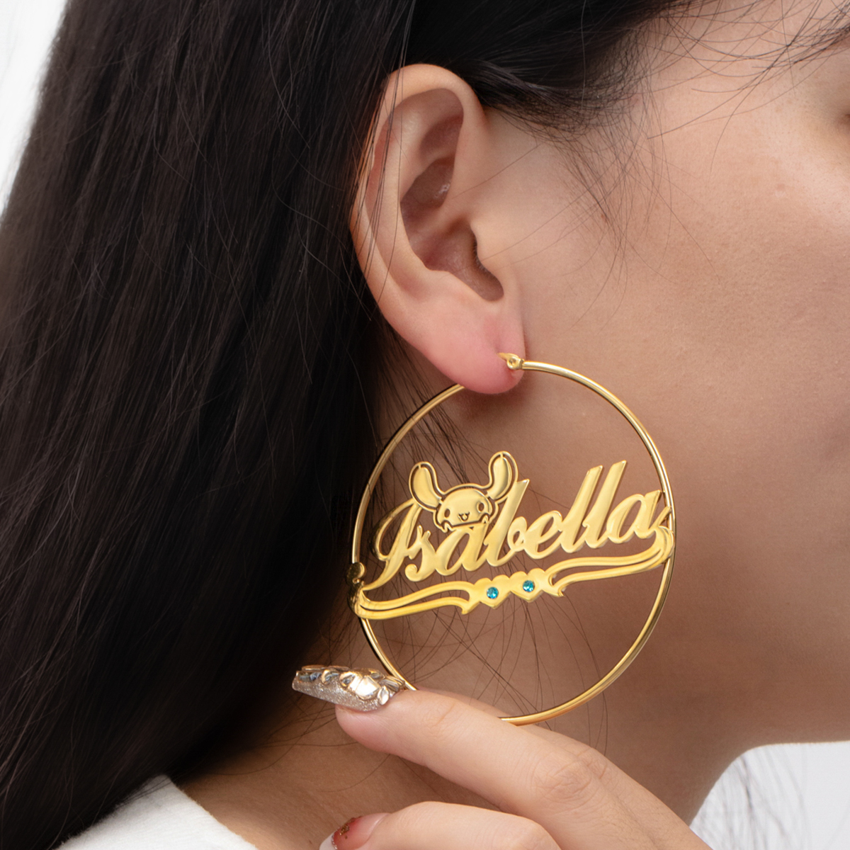 Rabbit, Love, and Birthstone Circular Hoop Earrings