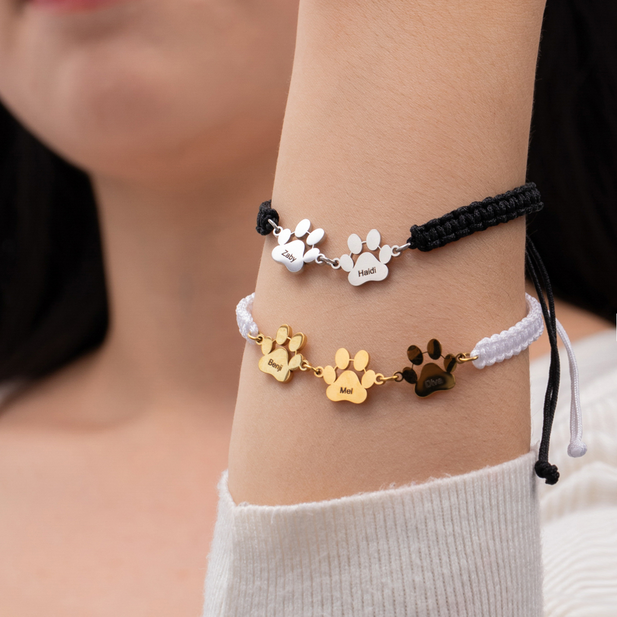 Handmade Braided Rope Dog Paw Name-Engraved Bracelet