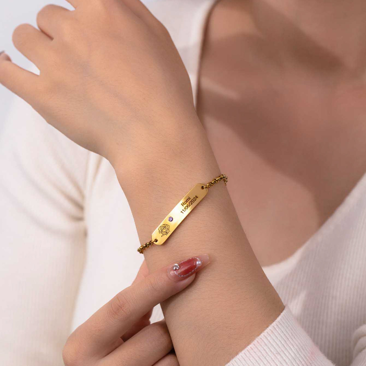 Engraved Birth Flower&Birthstone And Name Bracelets