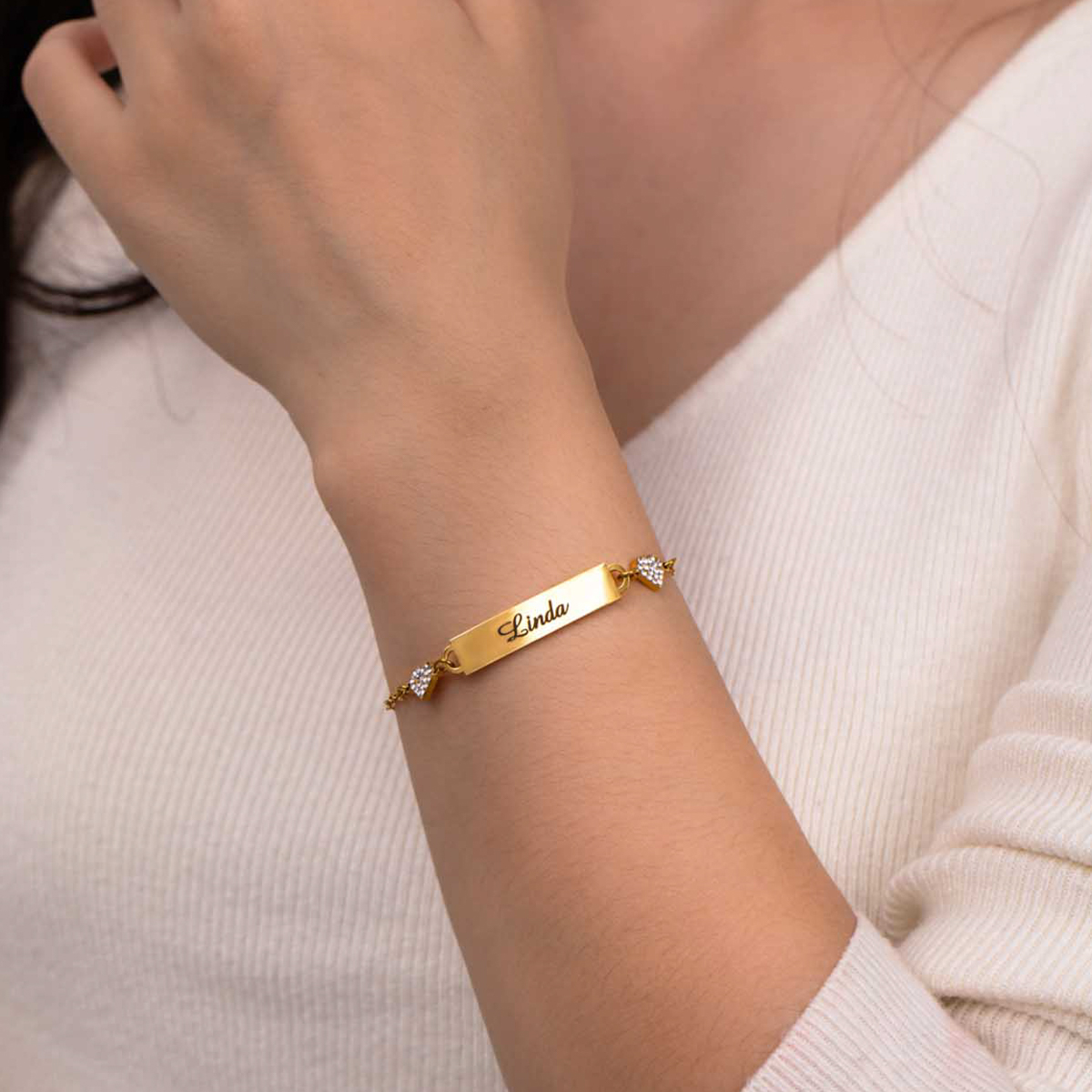 Custom Engraved Diamond Name Bracelet With Double Heart-Spefeel