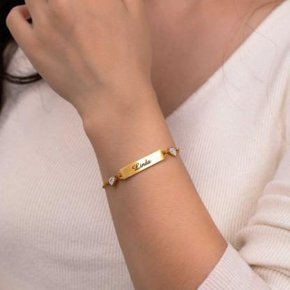 Custom Engraved Diamond Name Bracelet With Double Heart-Spefeel