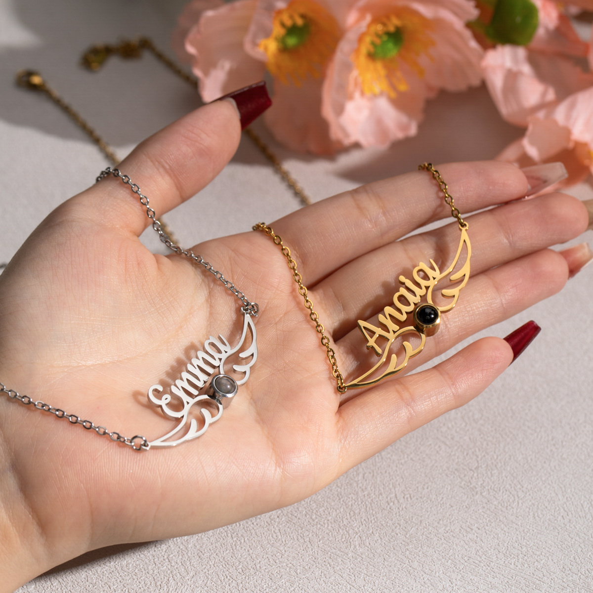Custom Name&Photo Projection Stone Necklace with Angel Wings Design