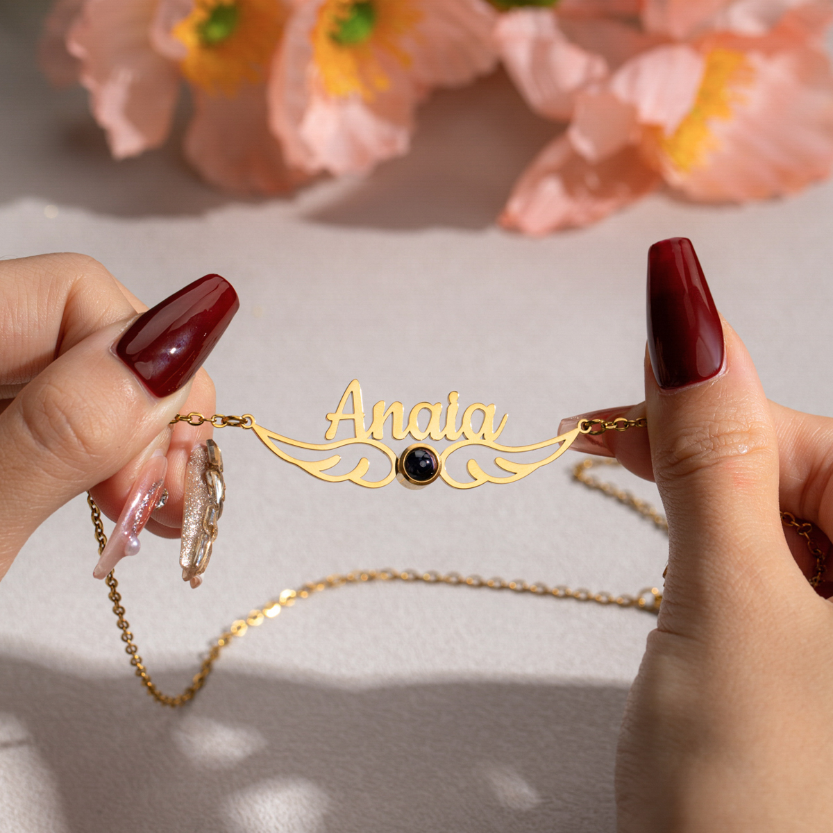 Custom Name&Photo Projection Stone Necklace with Angel Wings Design