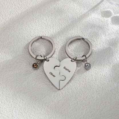 Customized Name Heart Shape Jigsaw Keychains With Birthstone