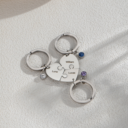 Customized Name Heart Shape Jigsaw Keychains With Birthstone