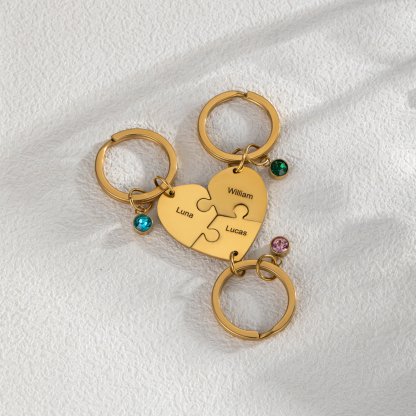Customized Name Heart Shape Jigsaw Keychains With Birthstone