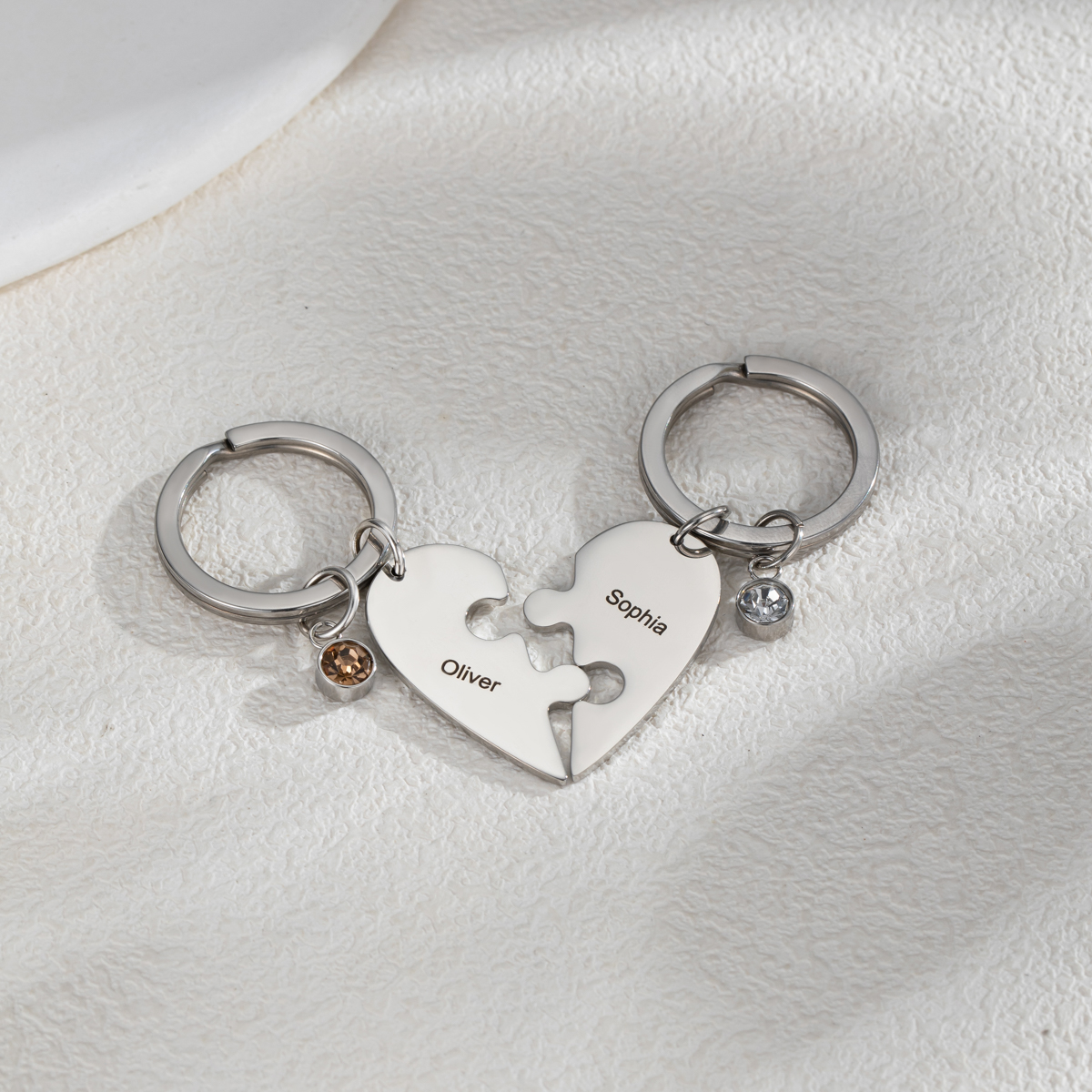 Customized Name Heart Shape Jigsaw Keychains With Birthstone