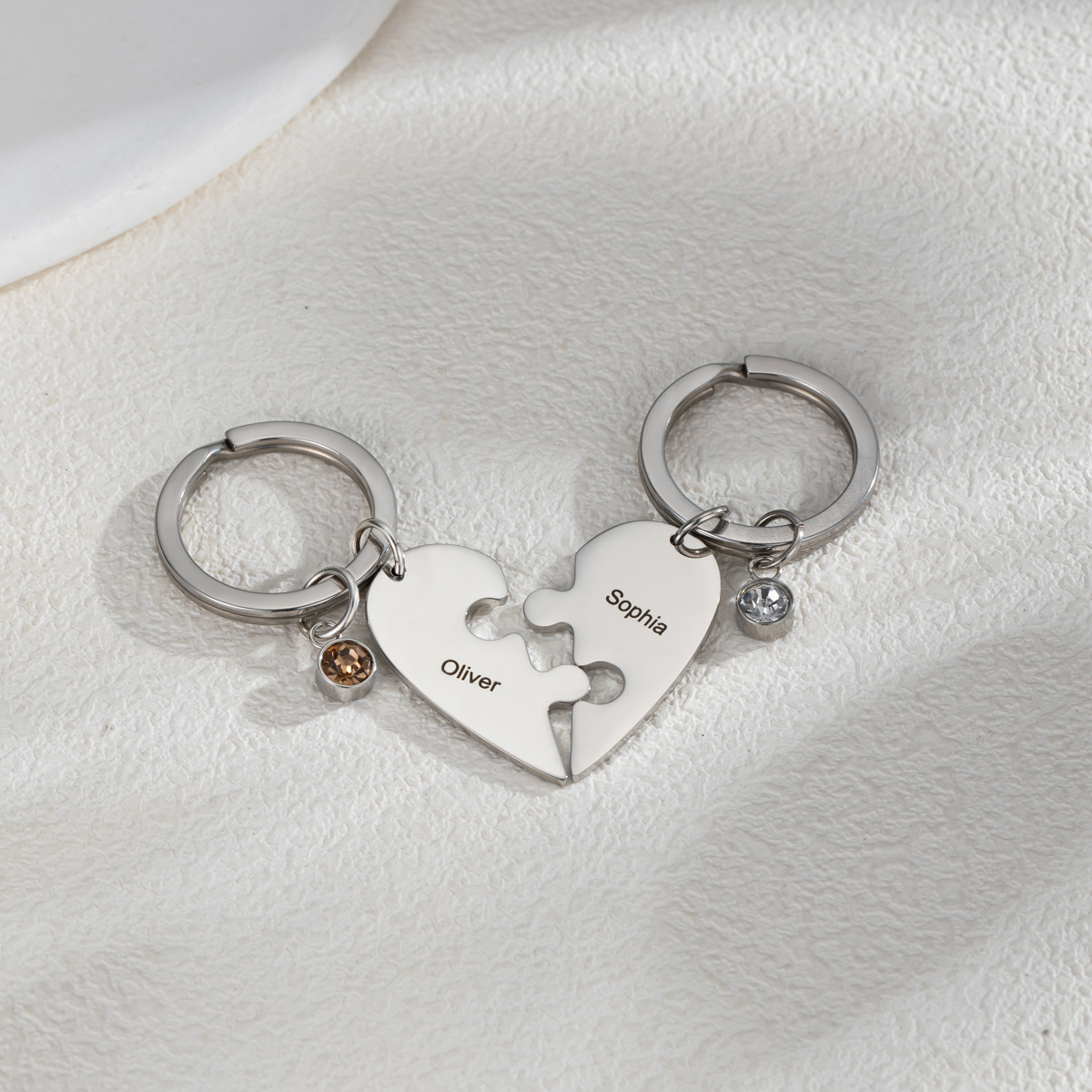 Customized Name Heart Shape Jigsaw Keychains With Birthstone